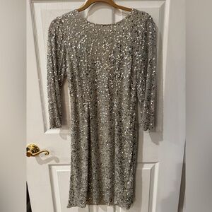Pisarro Nights Silver Sequin and Beaded Draped Back Cocktail Dress